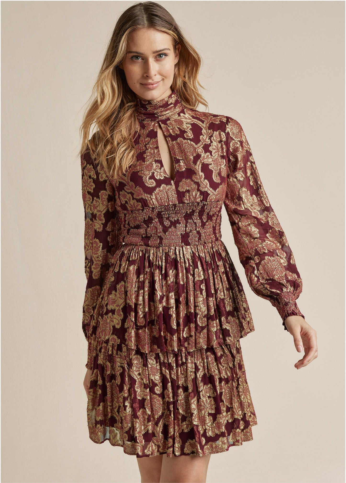 Smocked Waist Jaquard Mini Dress - Wine & Gold