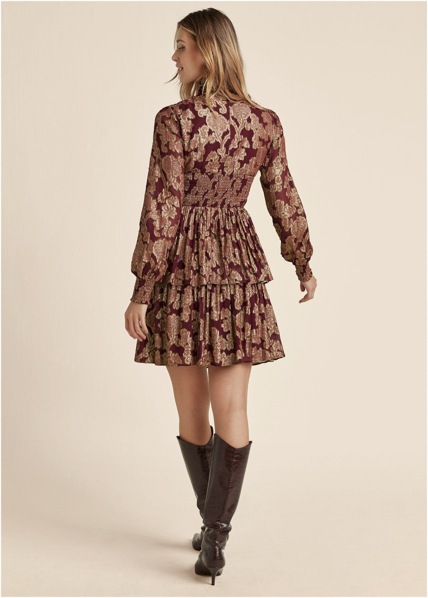 Smocked Waist Jaquard Mini Dress - Wine & Gold