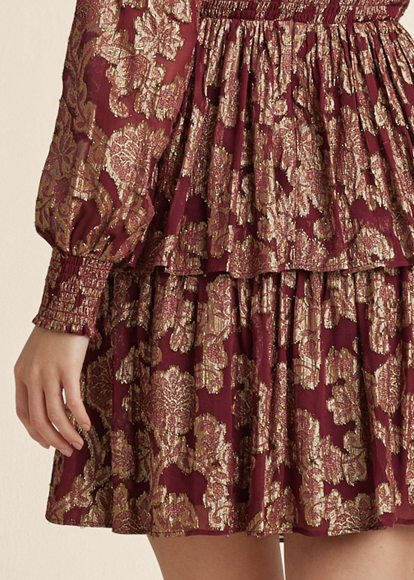 Smocked Waist Jaquard Mini Dress - Wine & Gold
