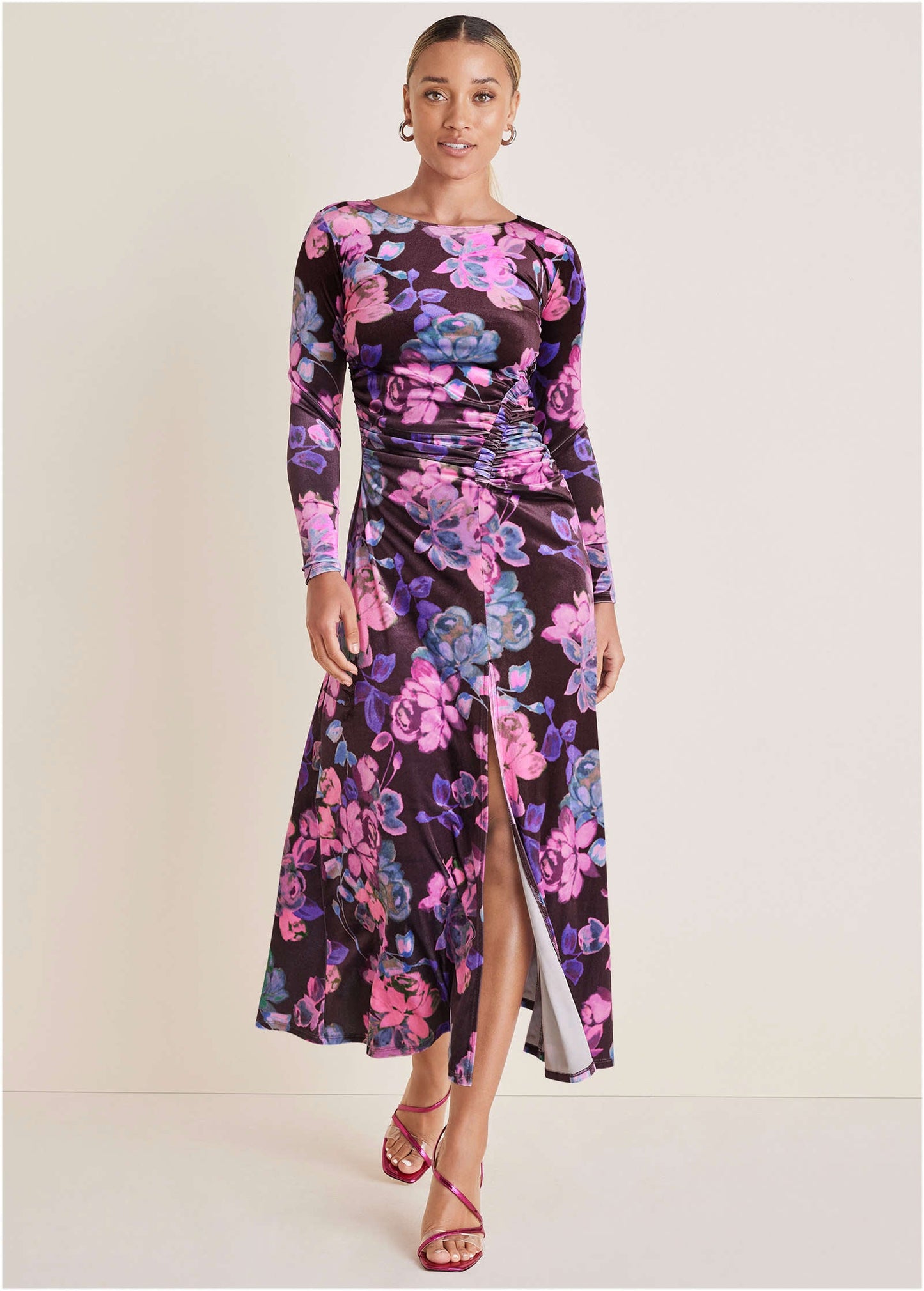 Ruched Velvet Maxi Dress - Electric Bouquet