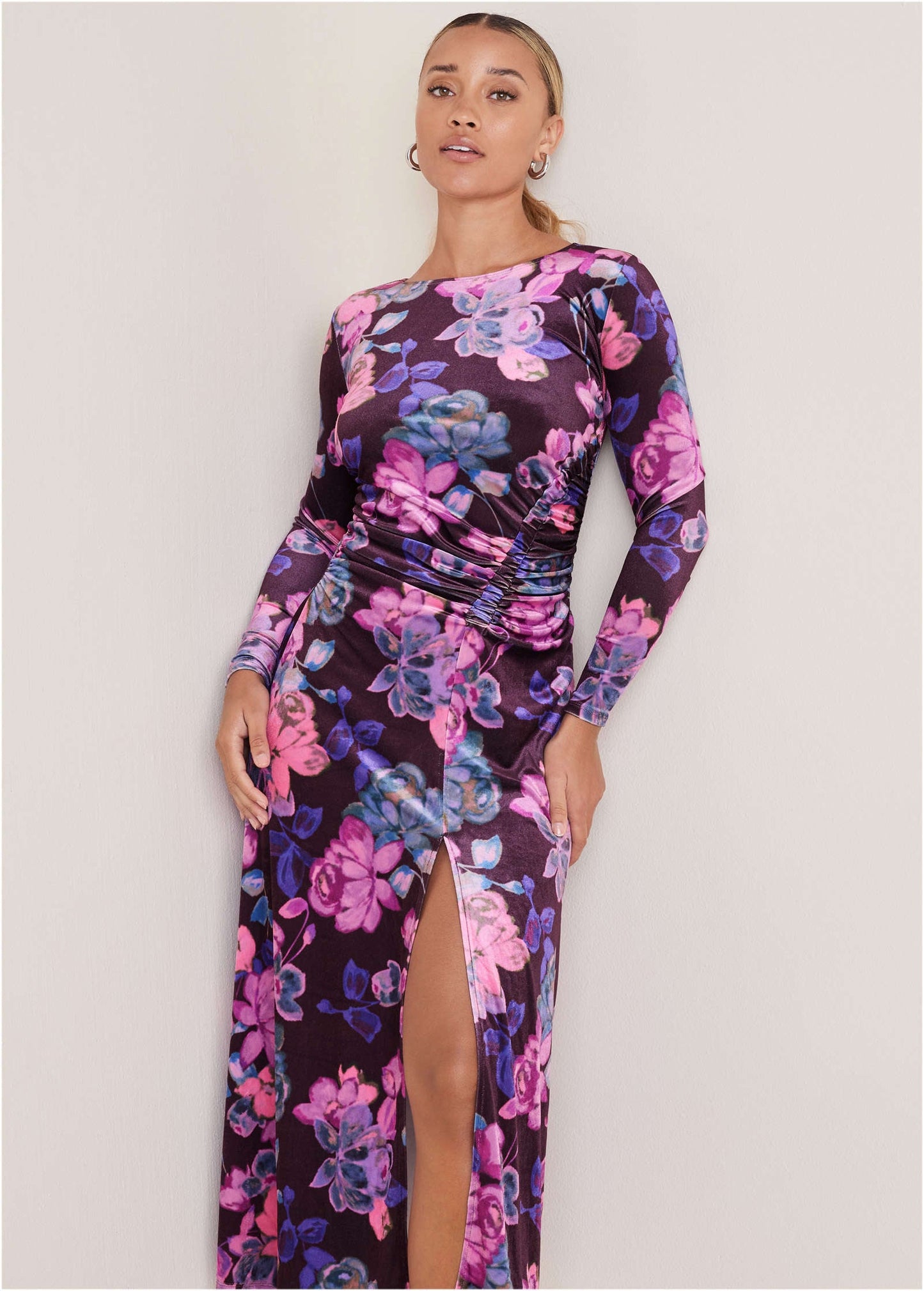 Ruched Velvet Maxi Dress - Electric Bouquet